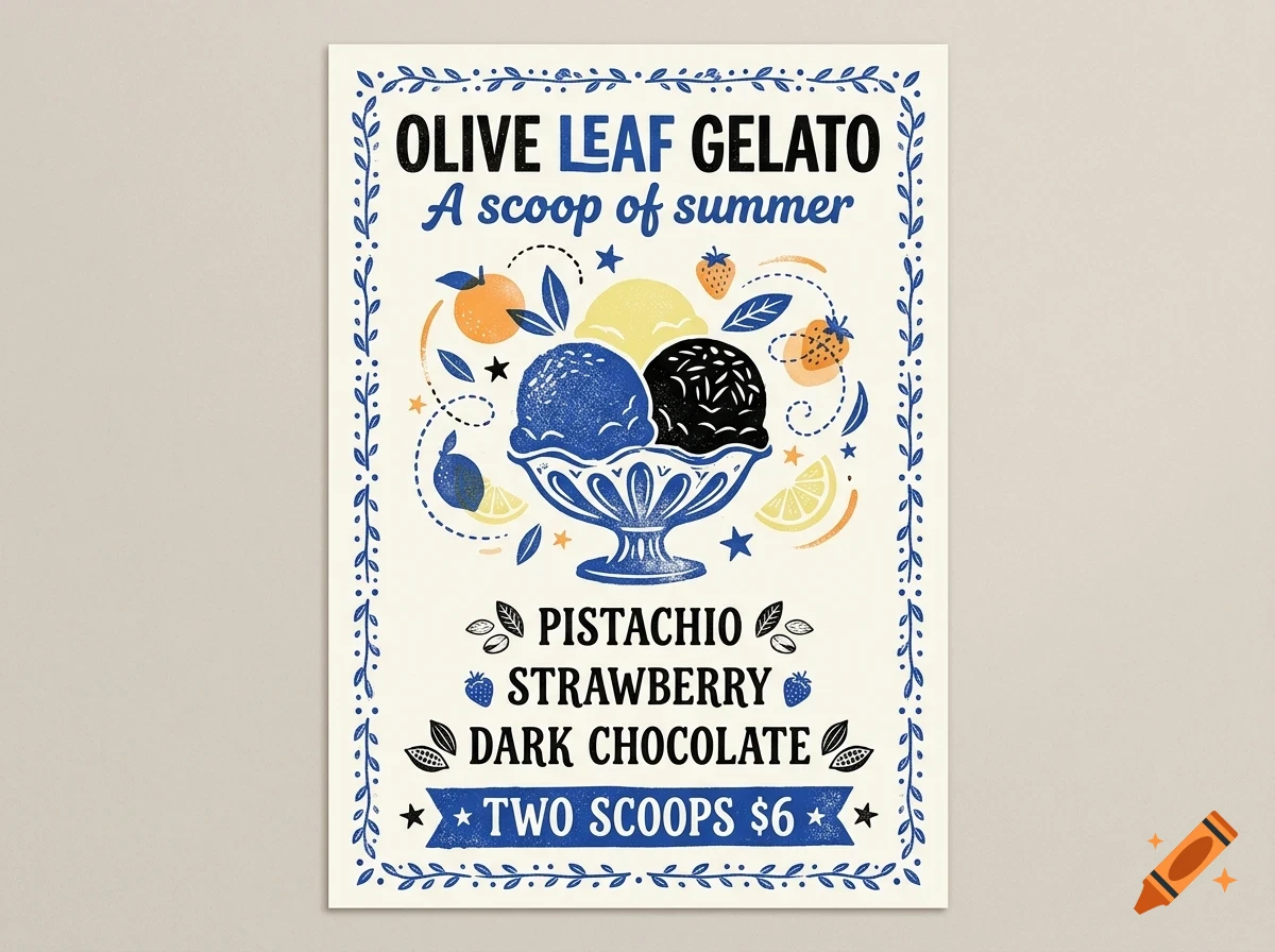 An illustrated poster for Olive Leaf Gelato featuring a bowl of ice cream, fruit, and decorative text.