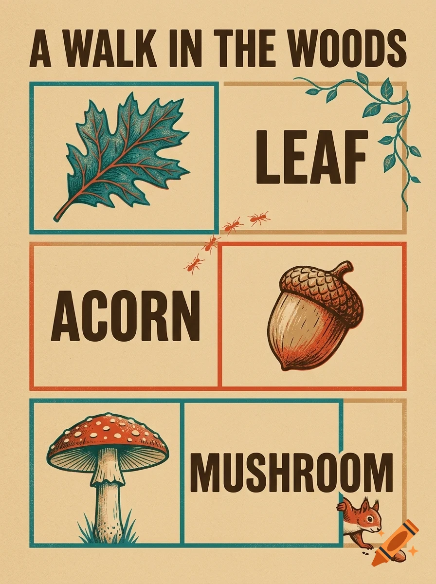 An educational poster titled 'A Walk In The Woods' featuring illustrated panels of a leaf, an acorn, and a mushroom, alongside labels and small animals.