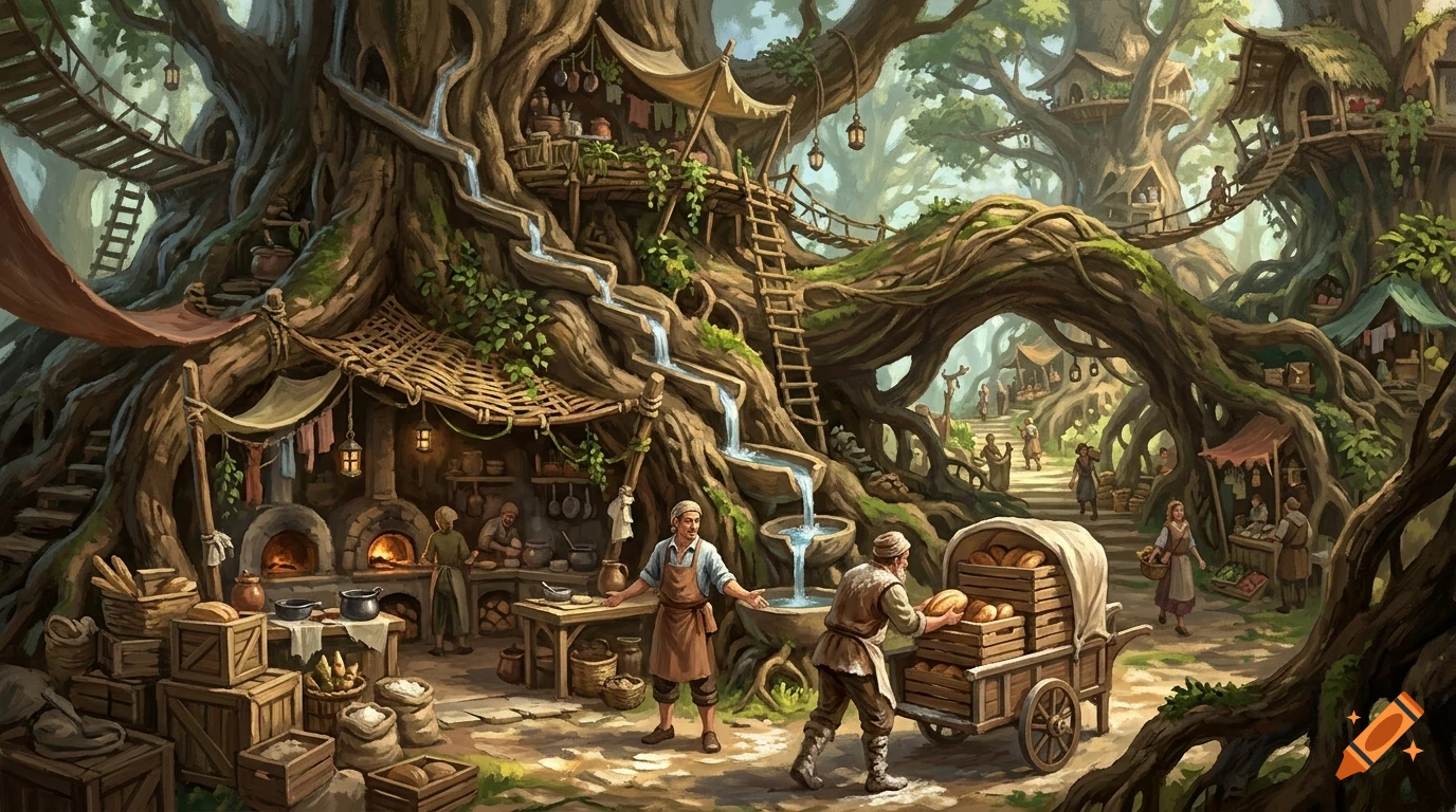 Fantasy village built inside and among giant ancient trees with people working and trading.
