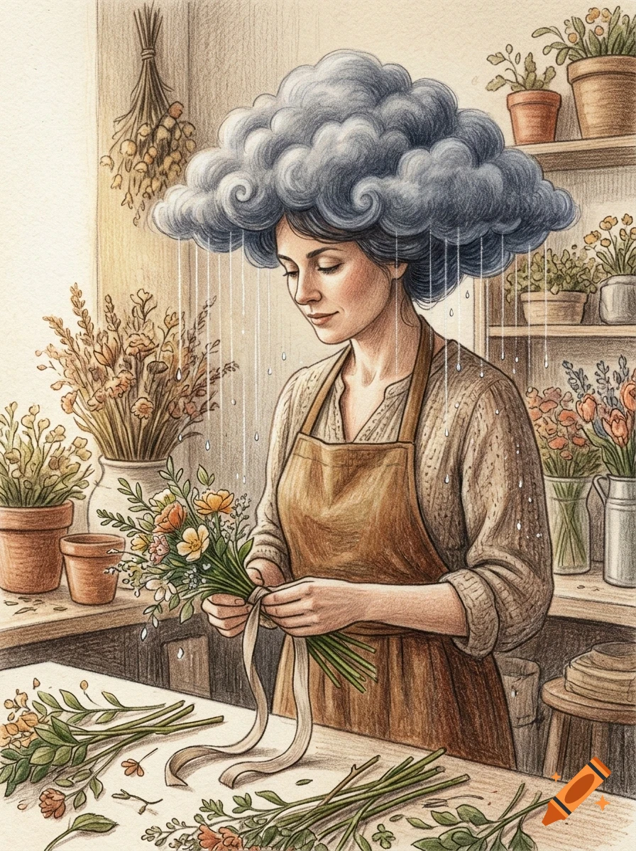 A woman with a dark storm cloud raining over her head stands in a flower shop, arranging a bouquet of flowers.