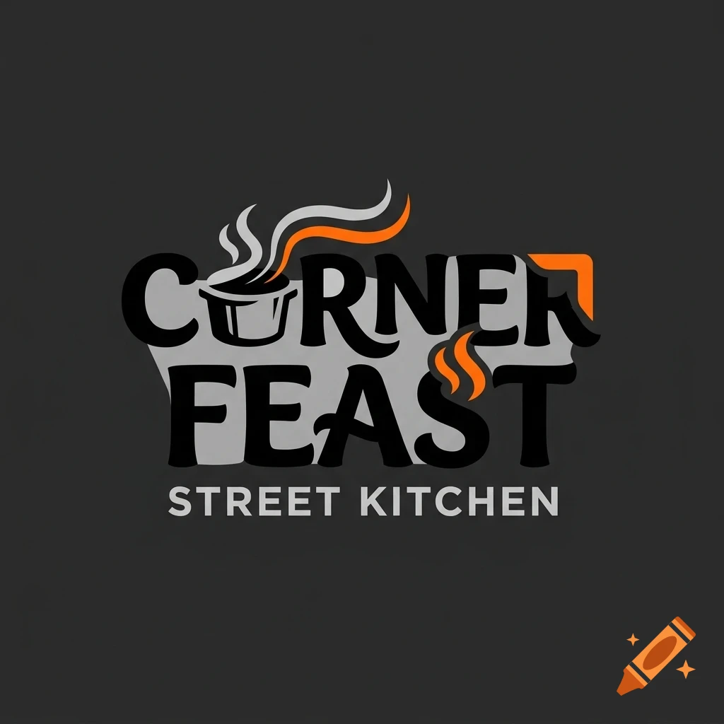 A logo featuring the text CORNER FEAST STREET KITCHEN with a steaming pot graphic on a dark background.