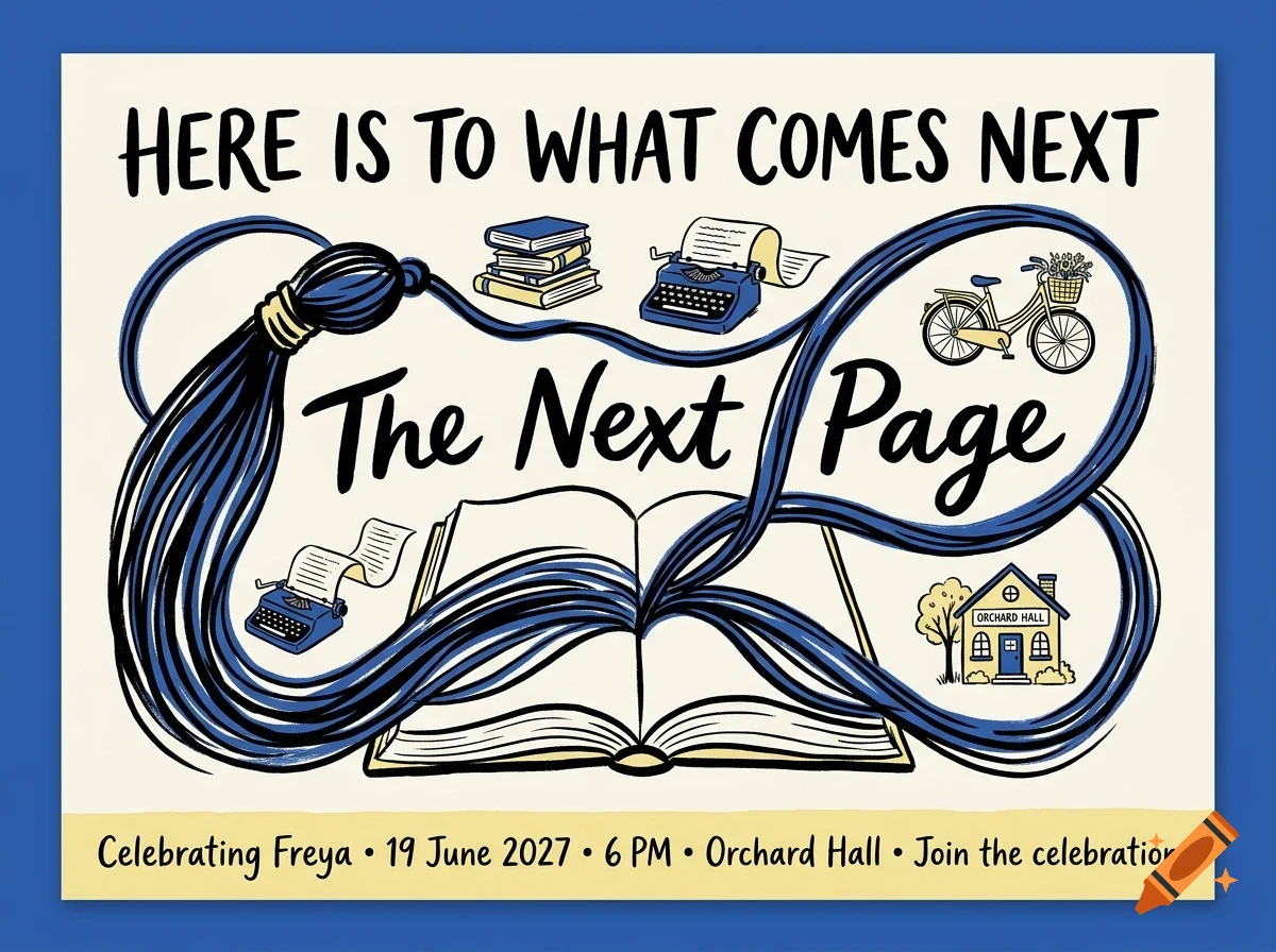 A greeting card with the text 'Here is to what comes next' and 'The Next Page', featuring illustrations of books, a typewriter, a bicycle, and a building.