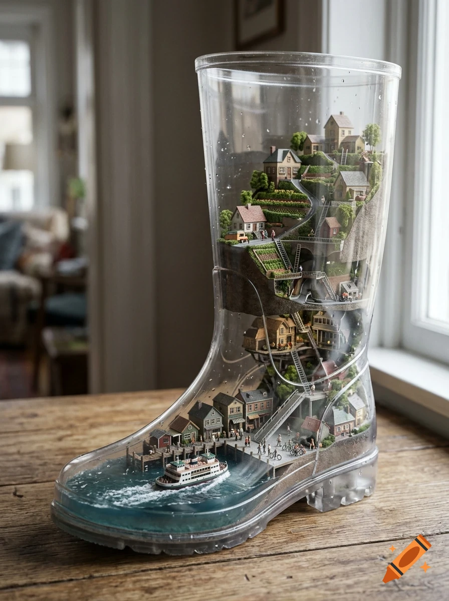 A miniature world inside a transparent rain boot placed on a wooden table, depicting houses, terrain layers, people, and a ferry on water.