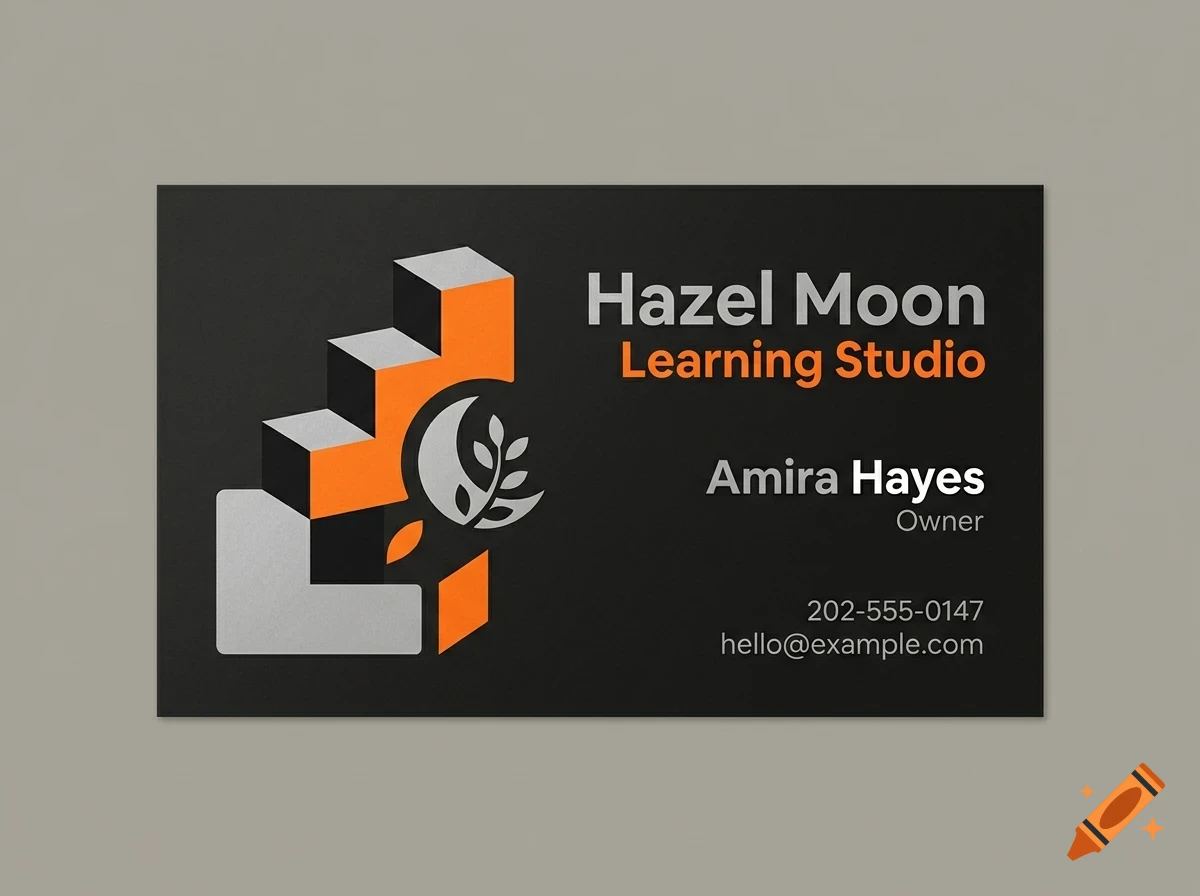 A business card mockup on a gray background, featuring an abstract stair and leaf graphic and text.
