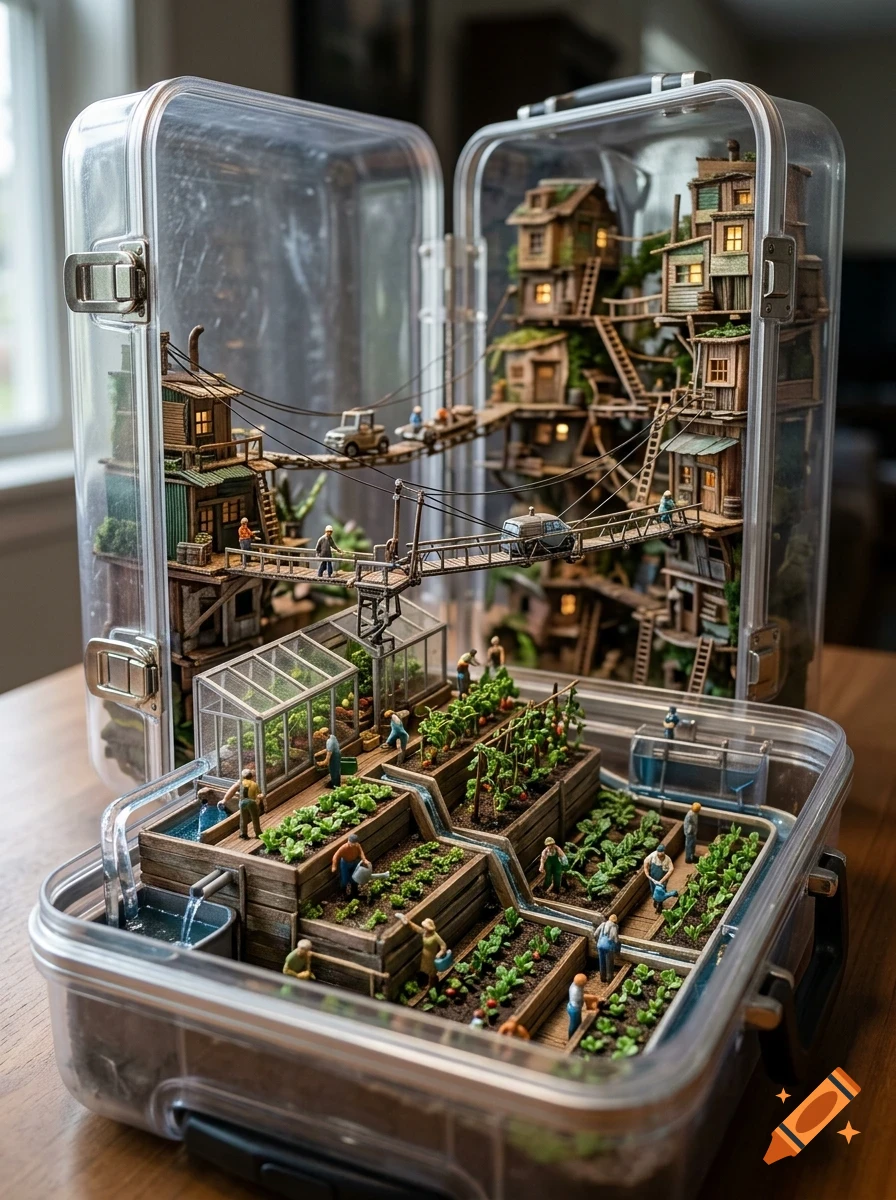 A miniature world inside an open transparent plastic storage case, featuring tiny houses, suspension bridges, vehicles, and a greenhouse garden with miniature people farming.
