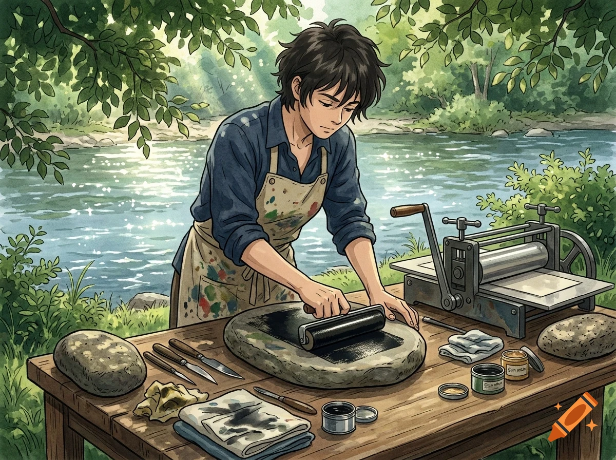 An anime-style illustration of a person wearing an apron, rolling ink onto a stone slab by a river.