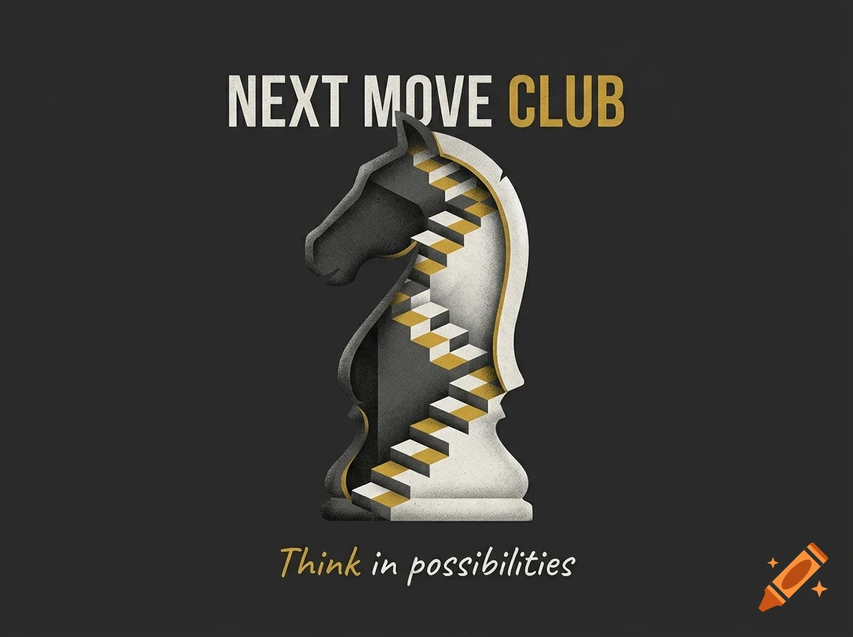A stylized chess knight piece with stairs running through it, accompanied by the text 'NEXT MOVE CLUB' and 'Think in possibilities'.