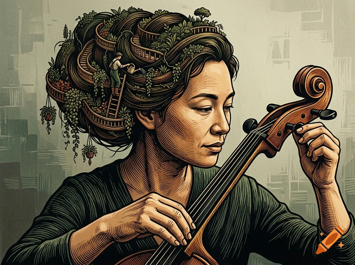 A close-up portrait of a woman tuning a cello, her large intricate braided hair containing a tiny garden landscape with a person on a ladder watering plants.