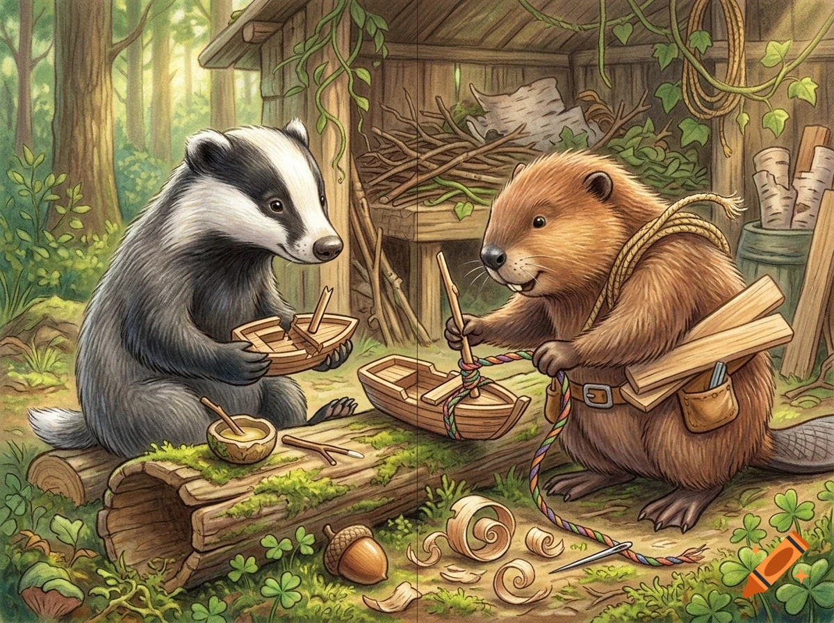 A badger and a beaver crafting wooden toy boats outside a rustic wooden shed in a forest.