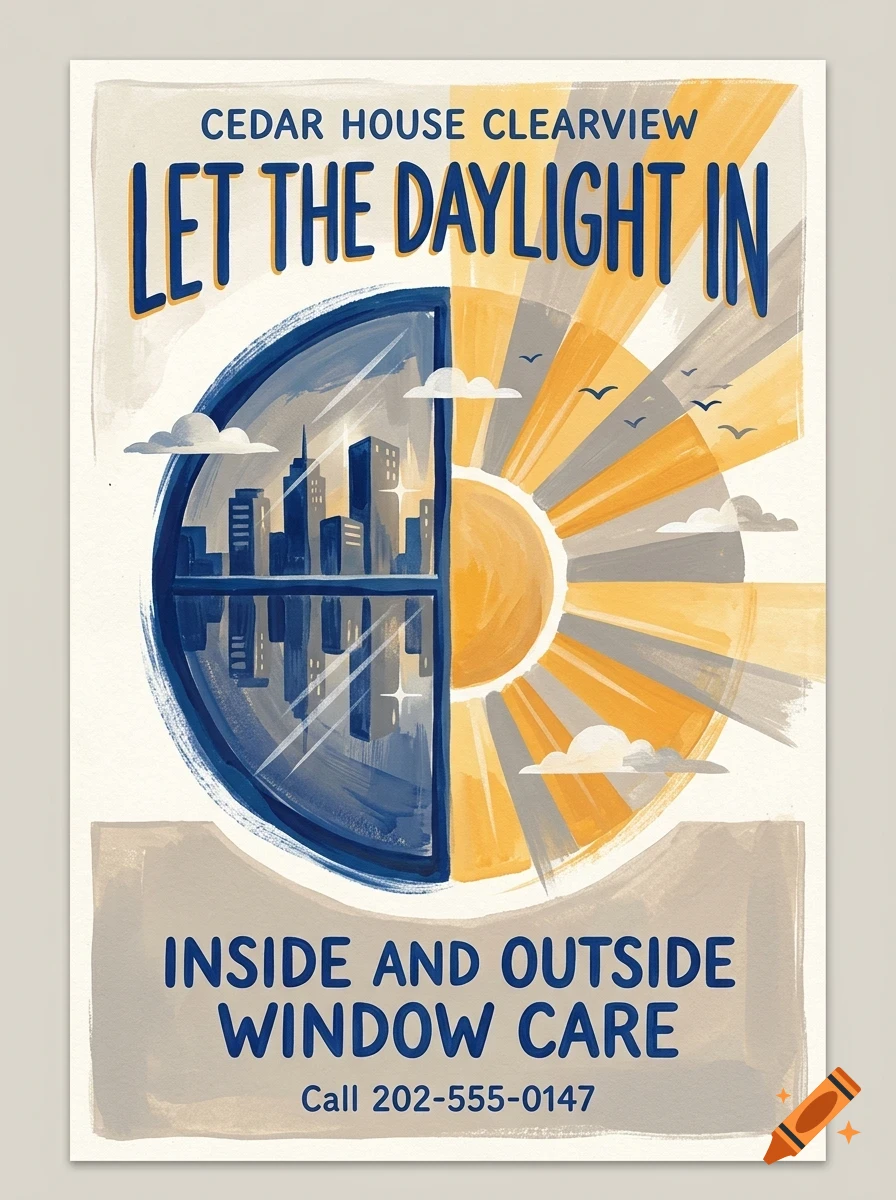 An illustrated poster with the text 'Cedar House Clearview', 'Let the daylight in', and 'Inside and outside window care' featuring a circular window split between a blue city skyline and a bright yellow sun with clouds.