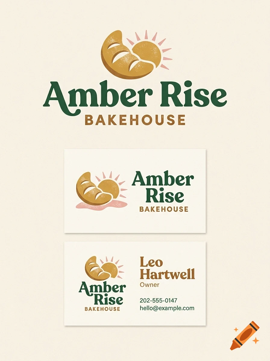 Branding design for Amber Rise Bakehouse featuring a loaf of bread and sun graphic, with business card mockups.