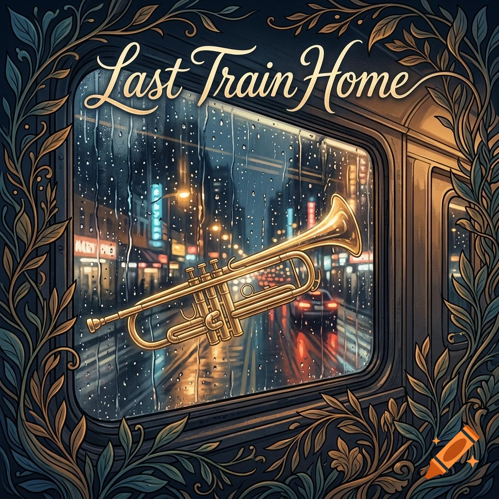 An artistic illustration featuring a trumpet overlaid on a rainy train window showing city lights, framed by ornate botanical leaves, with the text Last Train Home above.