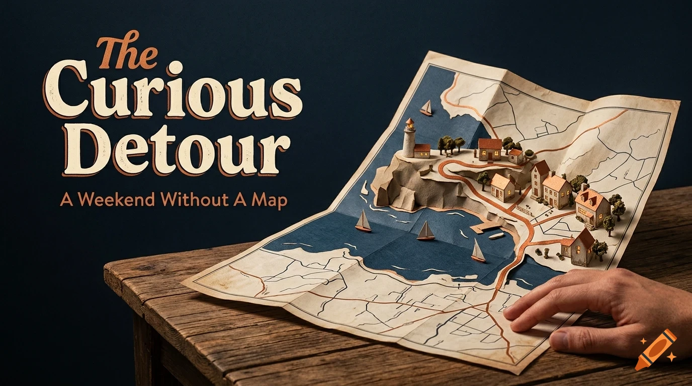 A 3D diorama map on a wooden table with a hand touching it, featuring a coastal village with a lighthouse, small houses, and sailboats, alongside the text 'The Curious Detour A Weekend Without A Map'.