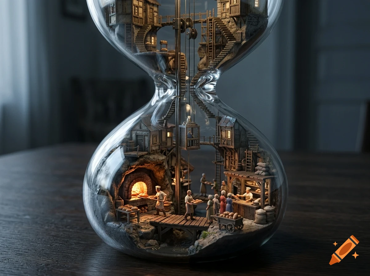 An intricate miniature medieval village built inside a glass hourglass, featuring tiny buildings, stairs, and people working in a bakery.