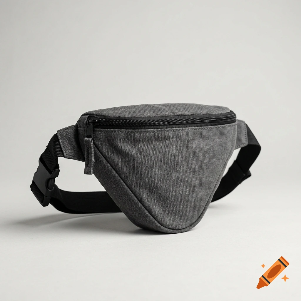 A triangular grey canvas fanny pack with a black strap and zipper, shot on a plain light grey background.
