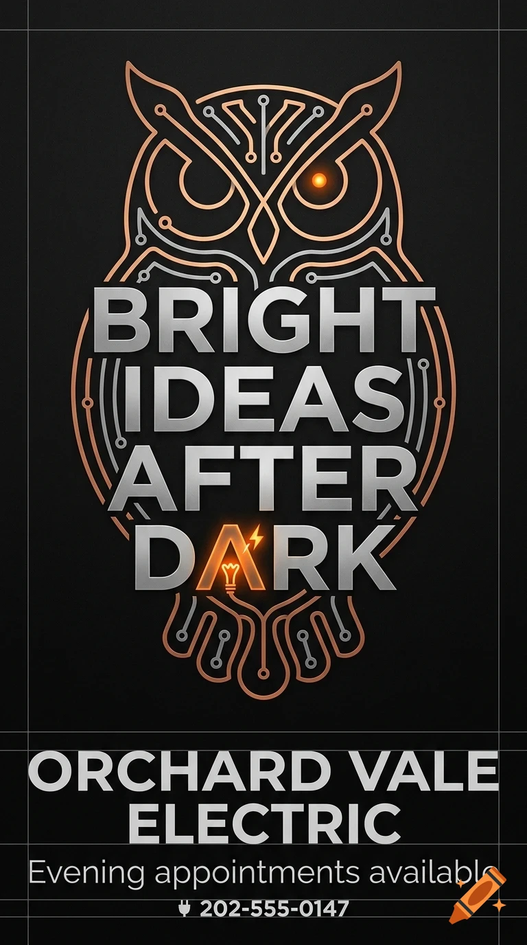 An electric-themed logo design featuring a stylized circuit-board owl over the text BRIGHT IDEAS AFTER DARK and ORCHARD VALE ELECTRIC.