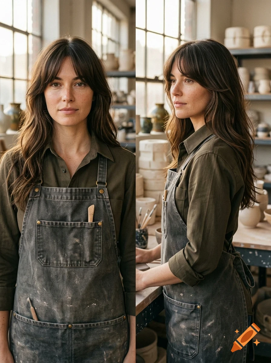 A woman wearing a dark apron and olive shirt in a pottery studio, shown in two views.