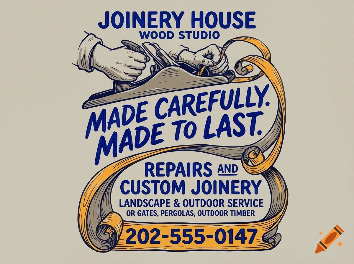 An illustrated poster for Joinery House Wood Studio showing hands using a hand plane and wood shavings.