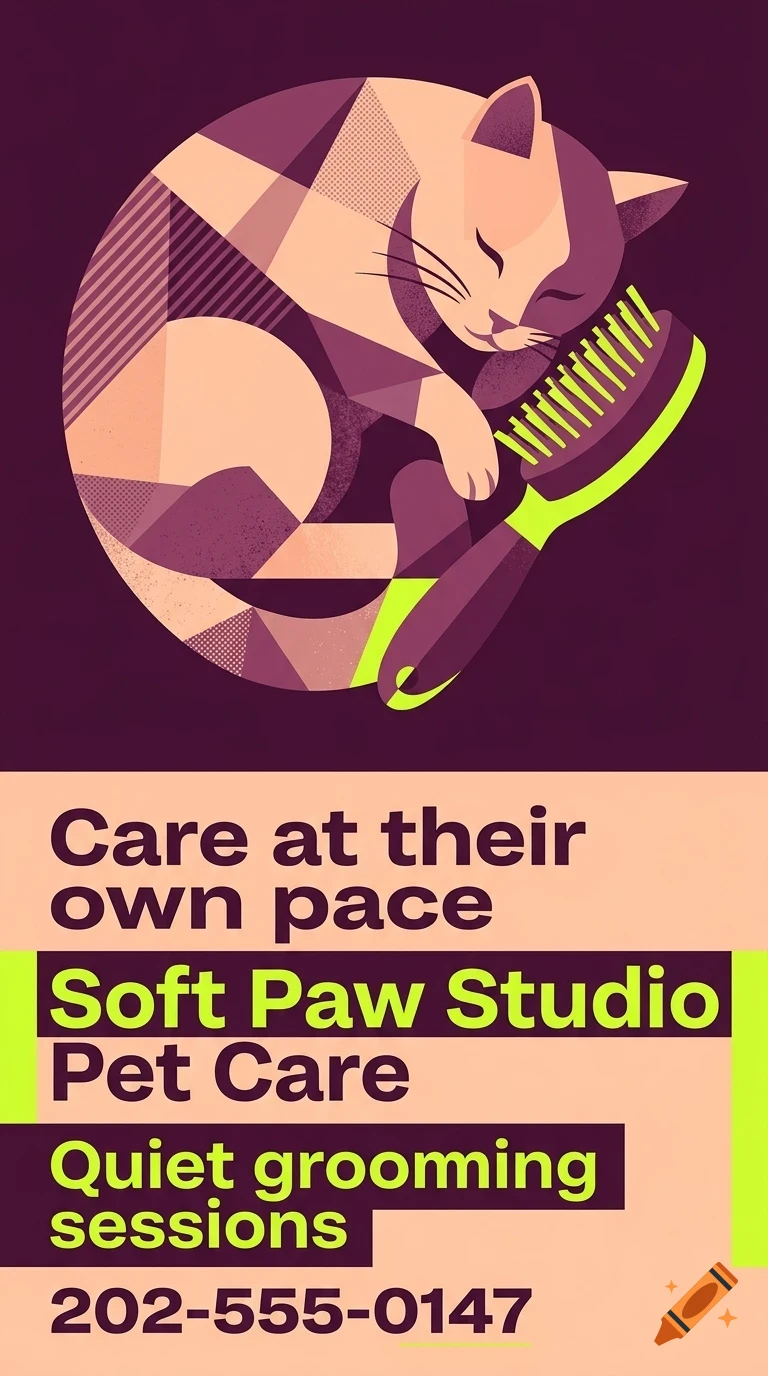An advertisement for Soft Paw Studio Pet Care featuring a graphic illustration of a sleeping cat with a pet brush and text.