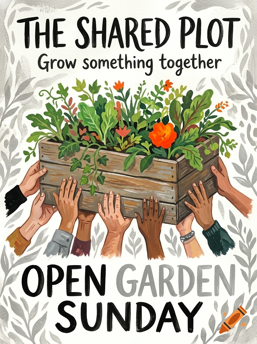 An illustrated poster with the text "THE SHARED PLOT Grow something together OPEN GARDEN SUNDAY" showing multiple hands holding up a wooden planter box full of leafy plants and flowers.