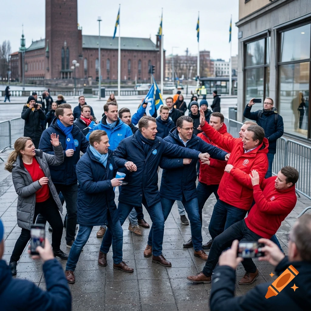 Photorealistic image of politicians in blue and red jackets in a physical scuffle on a city street in front of a brick building.