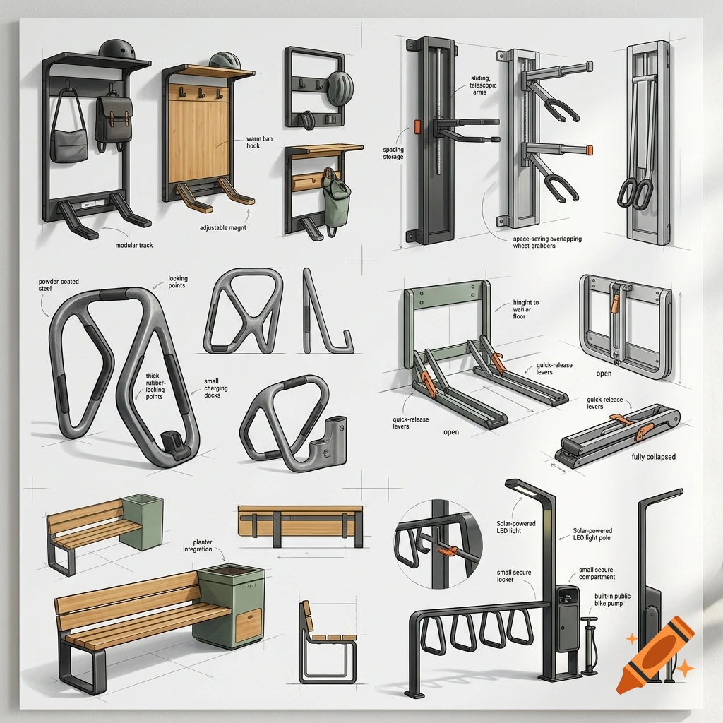 Sketches and design concepts of multi-functional bike racks and storage systems on white paper.