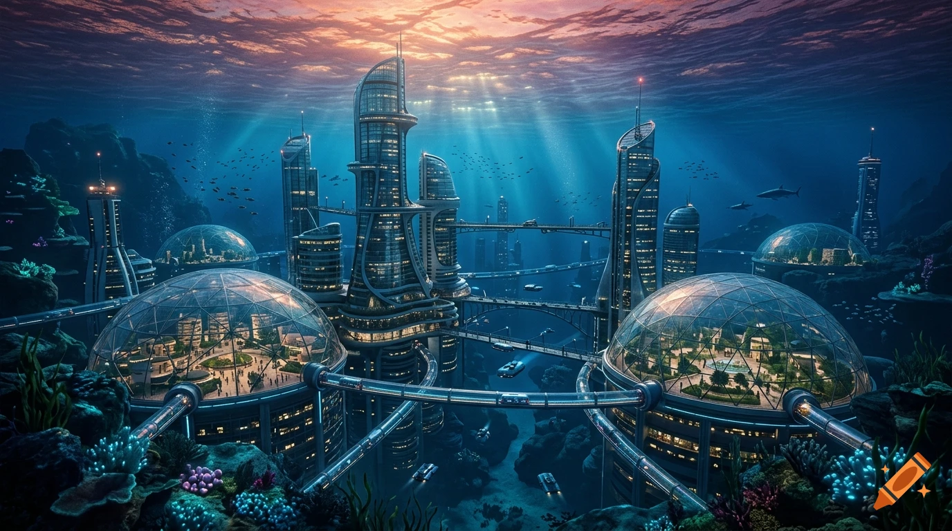 Futuristic underwater city with large glass domes and towering futuristic skyscrapers at sunset, photorealistic style.