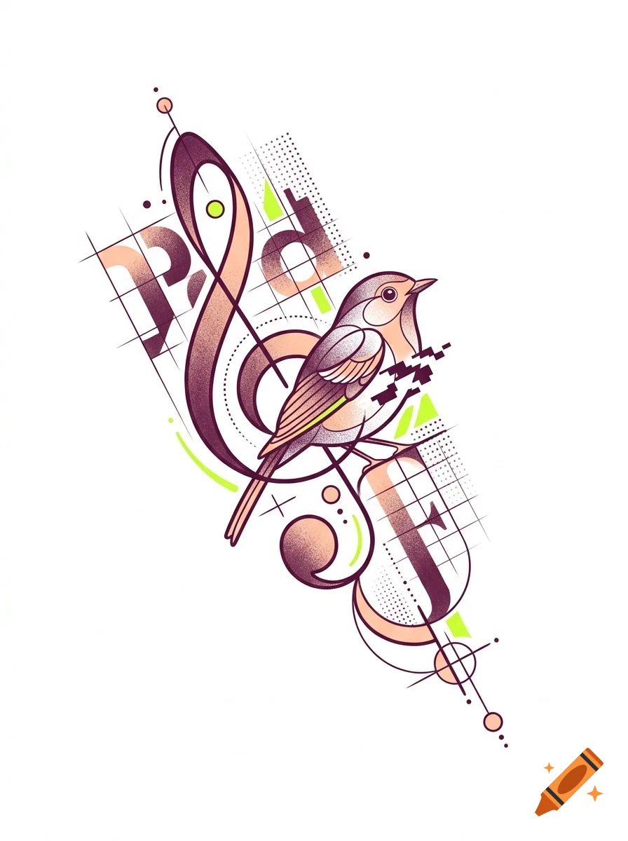 A stylized bird perched on a treble clef with geometric design elements and stippling shading.