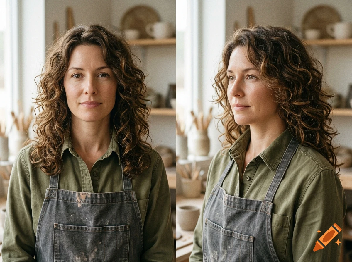 A woman with curly brown hair wearing a green shirt and grey apron, shown in front-facing and profile portraits.