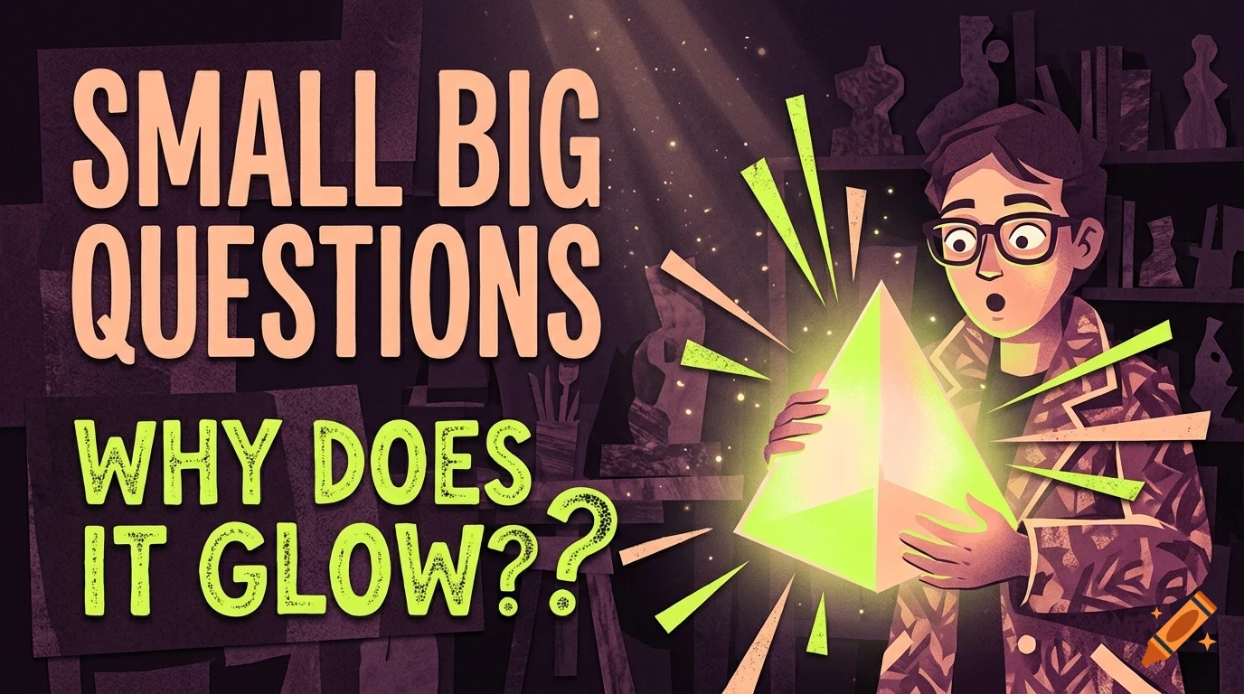 An illustrated man with glasses holding a glowing green pyramid, with the text SMALL BIG QUESTIONS and WHY DOES IT GLOW??