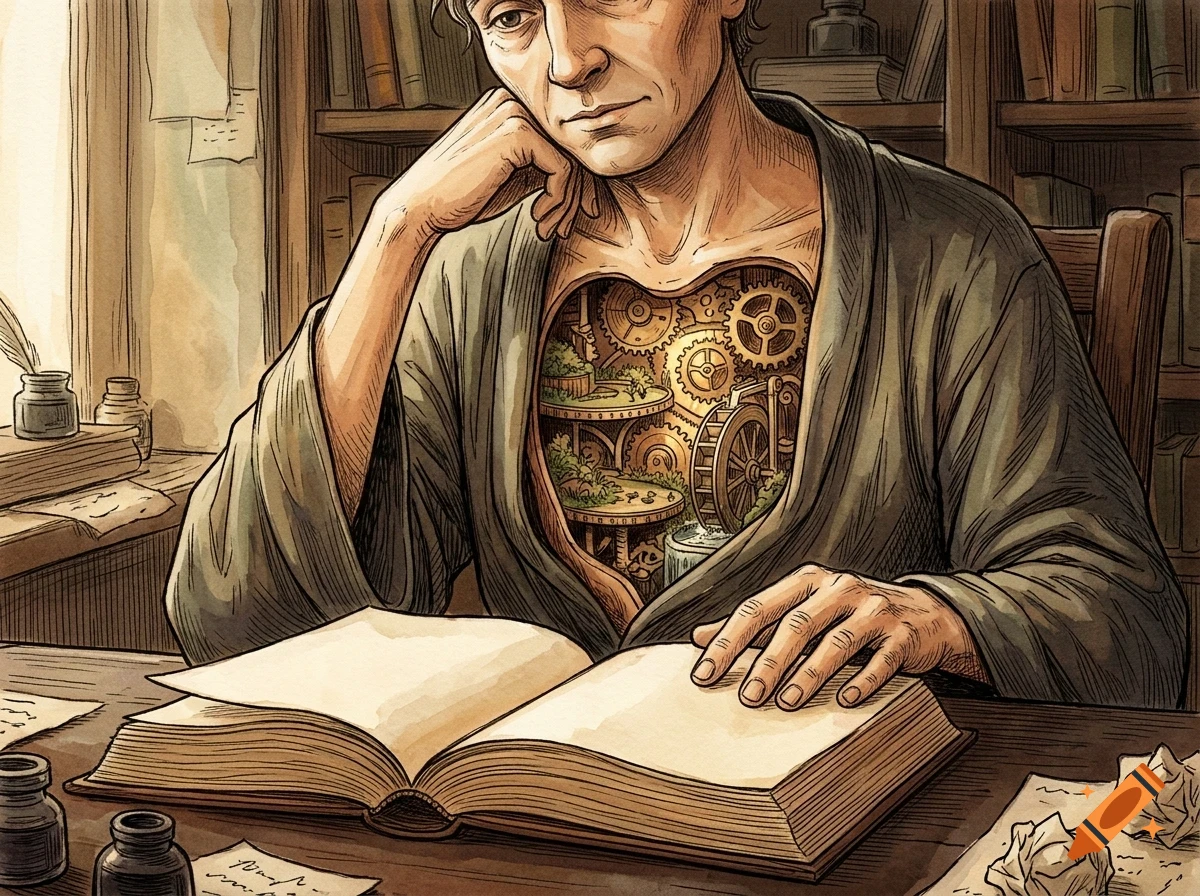An ink and pencil illustration of a man sitting at a desk reading a book, with a heart-shaped cutout in his chest revealing intricate gears and a mechanical water wheel inside.