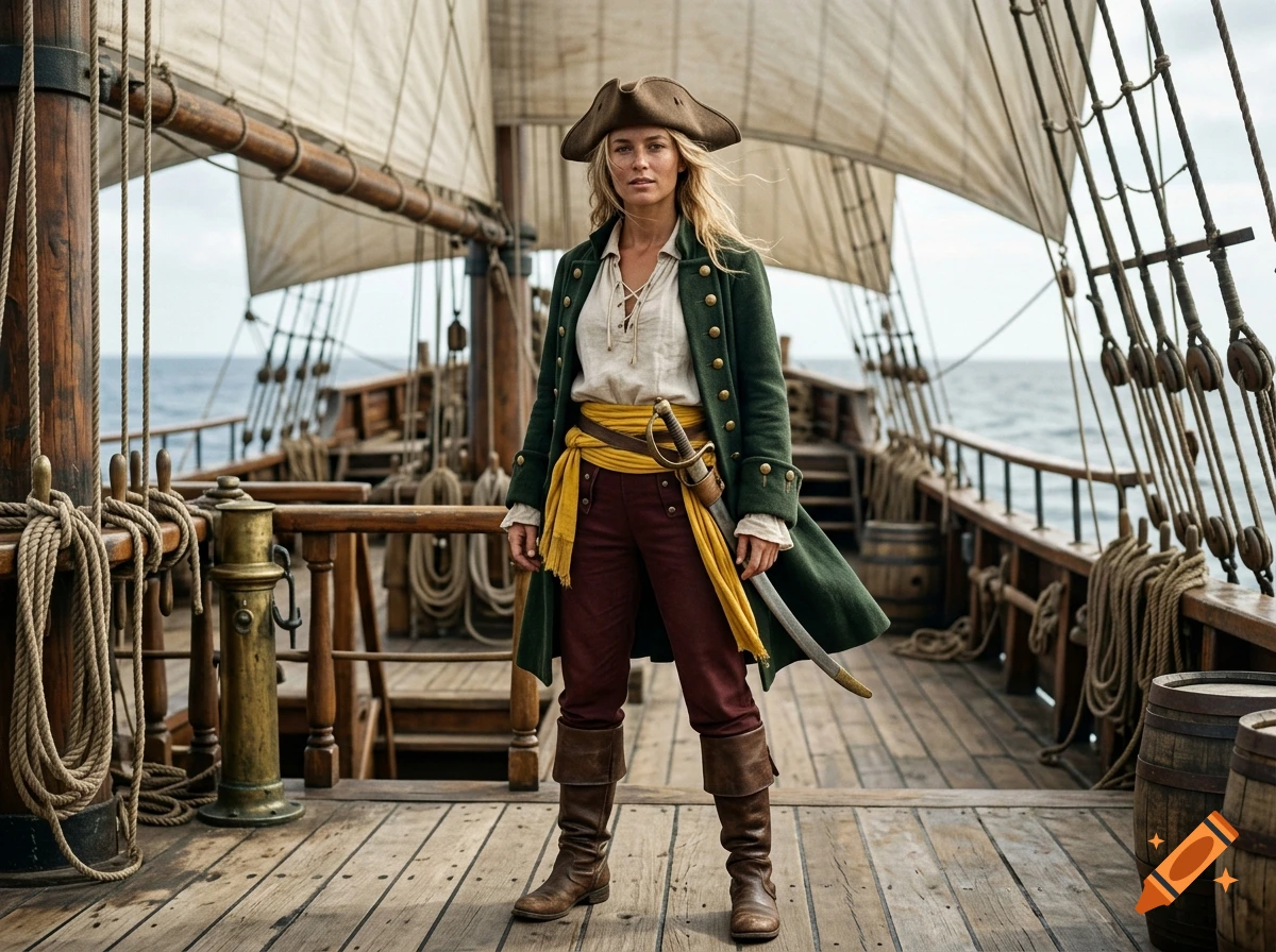Photorealistic full-body portrait of a female pirate captain with a green coat and tricorn hat standing on a ship deck.