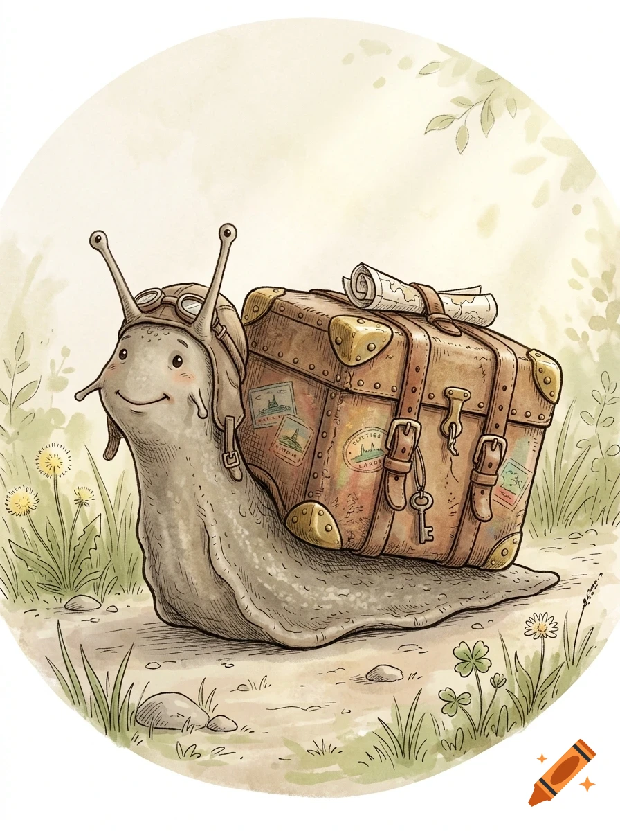An illustrated cute snail wearing an aviator hat and goggles, carrying a large vintage suitcase with travel stickers and a rolled map on its back.