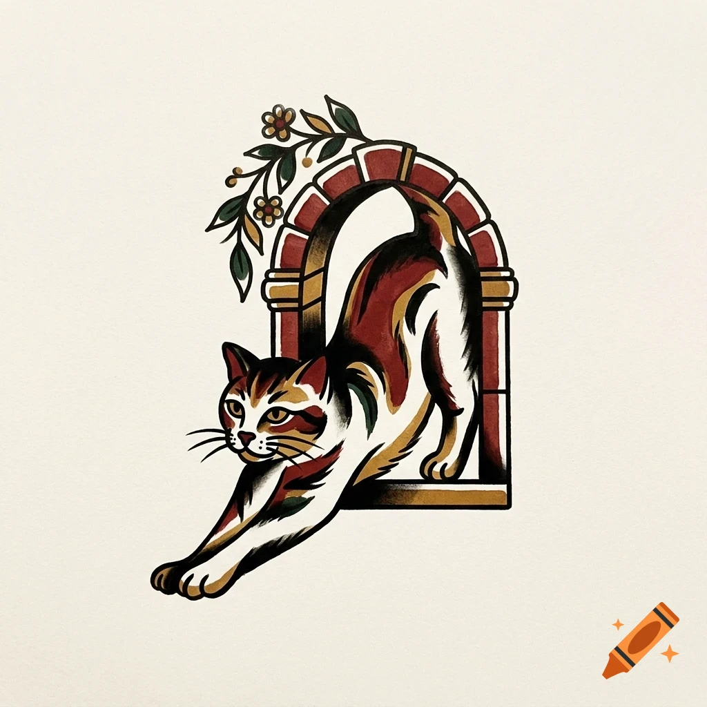 An illustrated calico cat stretching out of a small arched window decorated with flowers.