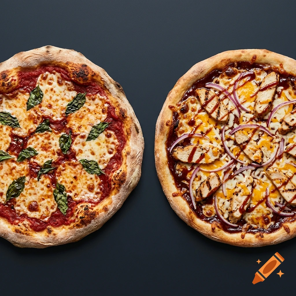 Top-down view of two pizzas on a dark background: one margherita with basil and one barbecue chicken with red onions.