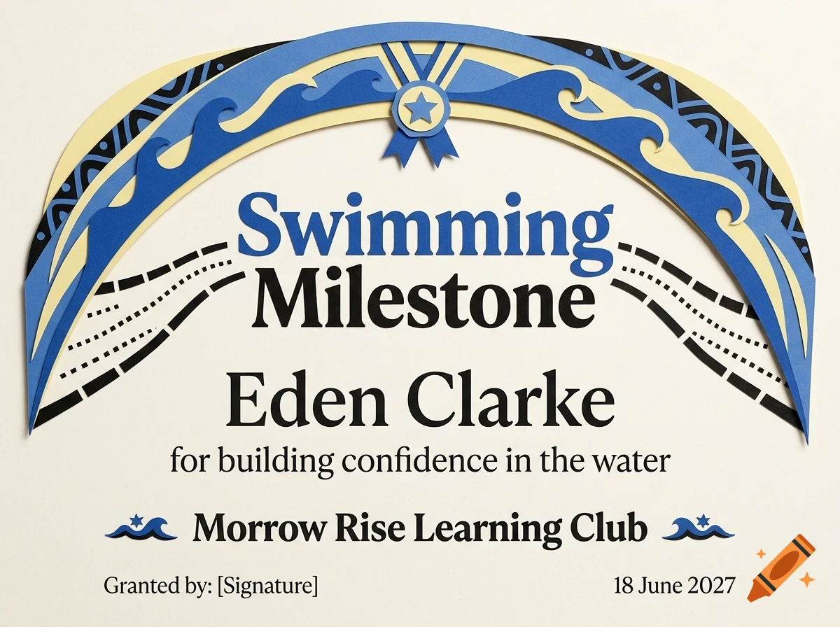 A layered papercraft certificate reading Swimming Milestone for Eden Clarke, awarded by Morrow Rise Learning Club on 18 June 2027.