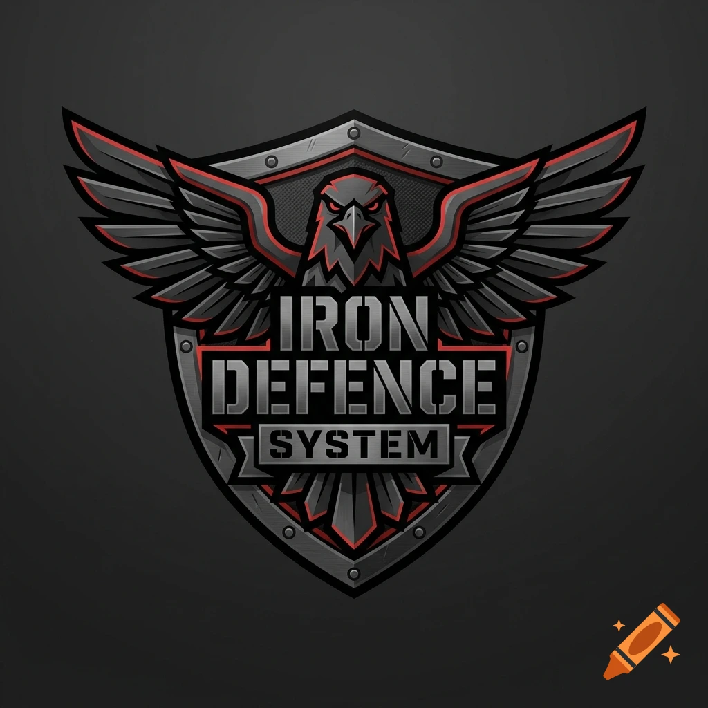Tactical military emblem featuring a stylized iron eagle and steel shield with the text IRON DEFENCE SYSTEM, matte black and red colors.