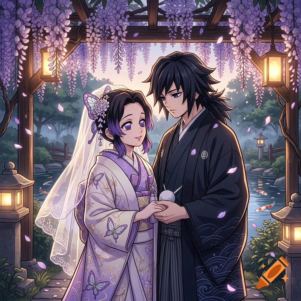 Anime style illustration of Shinobu and Giyu holding hands in a traditional Japanese garden under wisteria flowers.