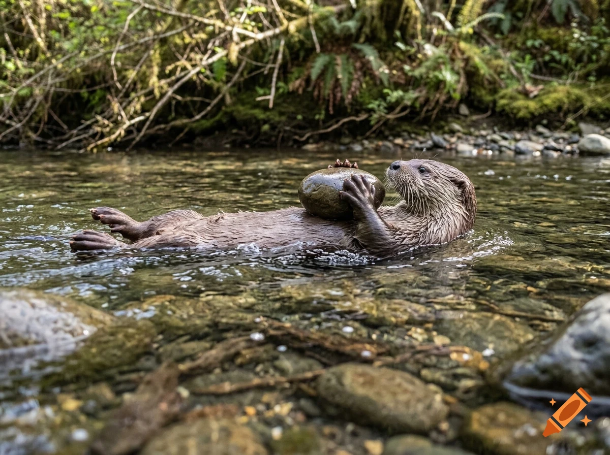 An otter floats on its back in a shallow stream while holding a rock on its chest.