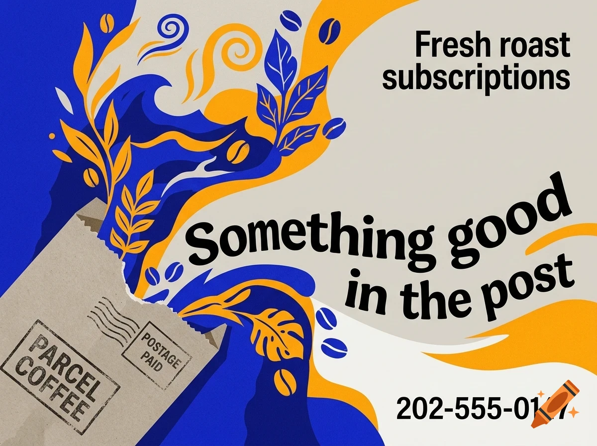 An advertisement for Parcel Coffee featuring blue and orange abstract shapes, coffee beans, a parcel bag, and text saying Something good in the post.