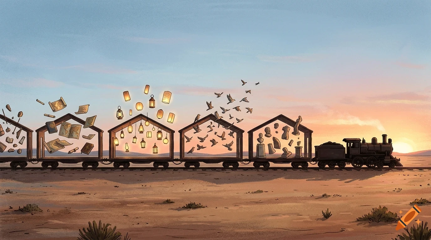 An illustrated train on tracks across a desert at sunset, with open-sided cars carrying statues, birds, lanterns, maps, and books.