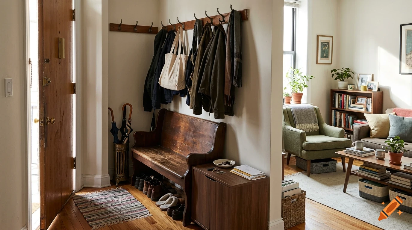 An entryway with a wooden bench, coat hooks with hanging jackets, and an umbrella stand, opening into a cozy living room with a green armchair.