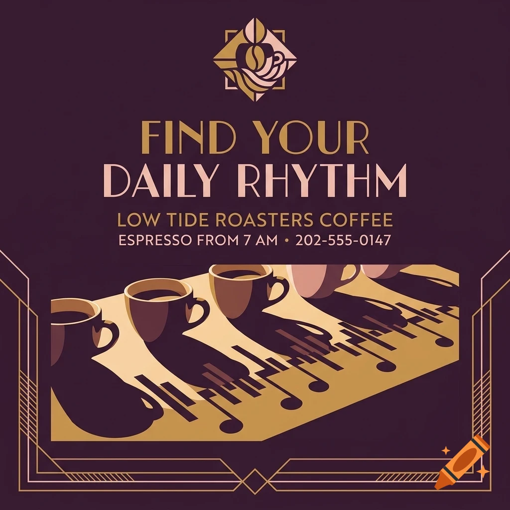 An advertisement for Low Tide Roasters Coffee showing coffee cups casting shadows shaped like piano keys on a surface, with text reading Find Your Daily Rhythm.