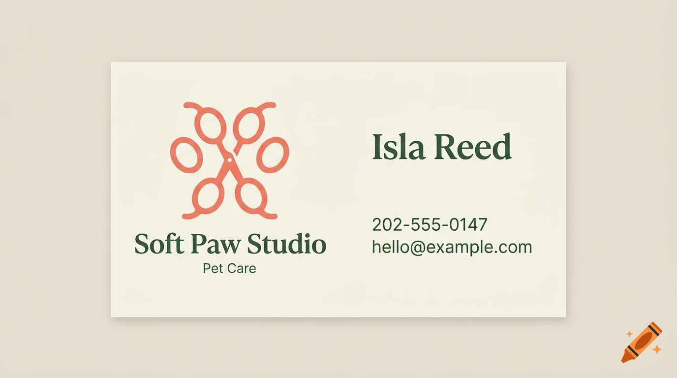 A business card with an orange scissor-paw logo, the text Soft Paw Studio, Pet Care, Isla Reed, and contact information.