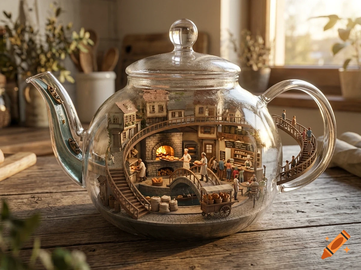 A miniature bakery village built inside a clear glass teapot sitting on a wooden table.