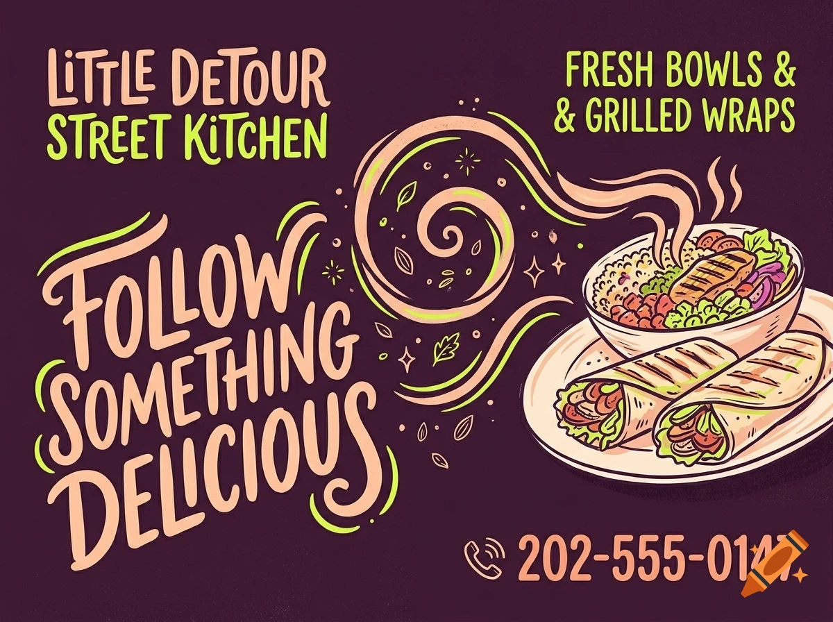An illustrated poster for Little Detour Street Kitchen featuring a bowl of food, wrapped items, and hand-lettered text against a dark purple background.