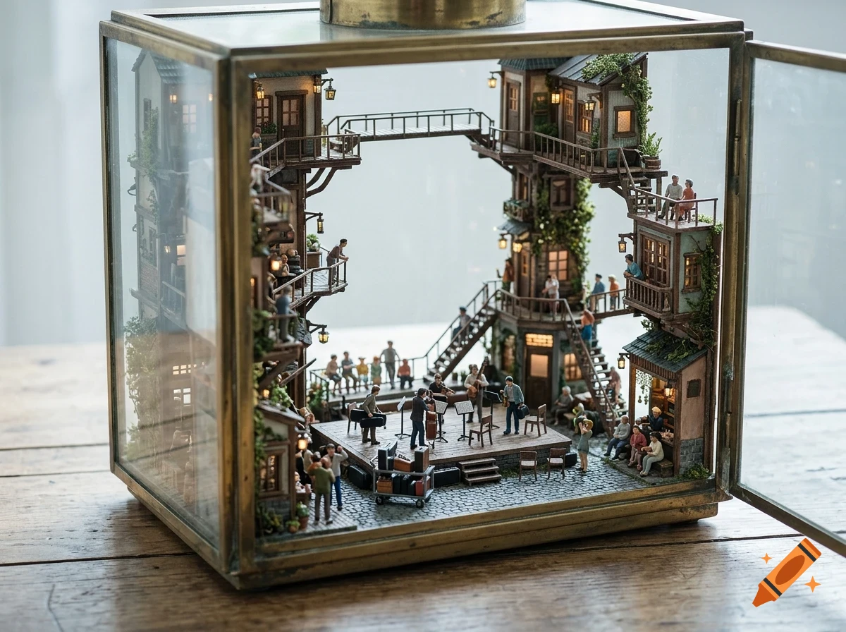 A detailed miniature diorama inside a glass and brass terrarium depicting a multi-level village with tiny buildings, walkways, and figures.