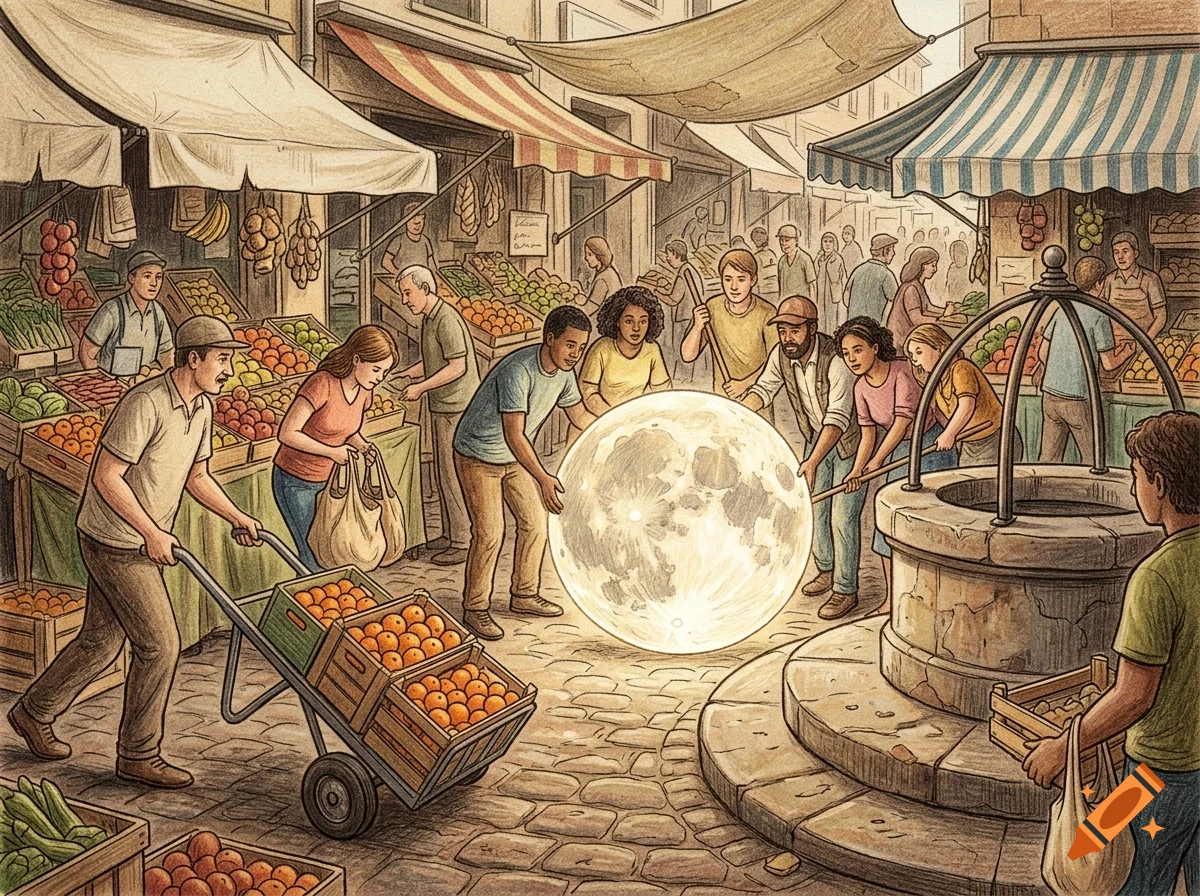 People shopping in a bustling street market, with a glowing spherical moon resting on the cobblestone ground near a well.
