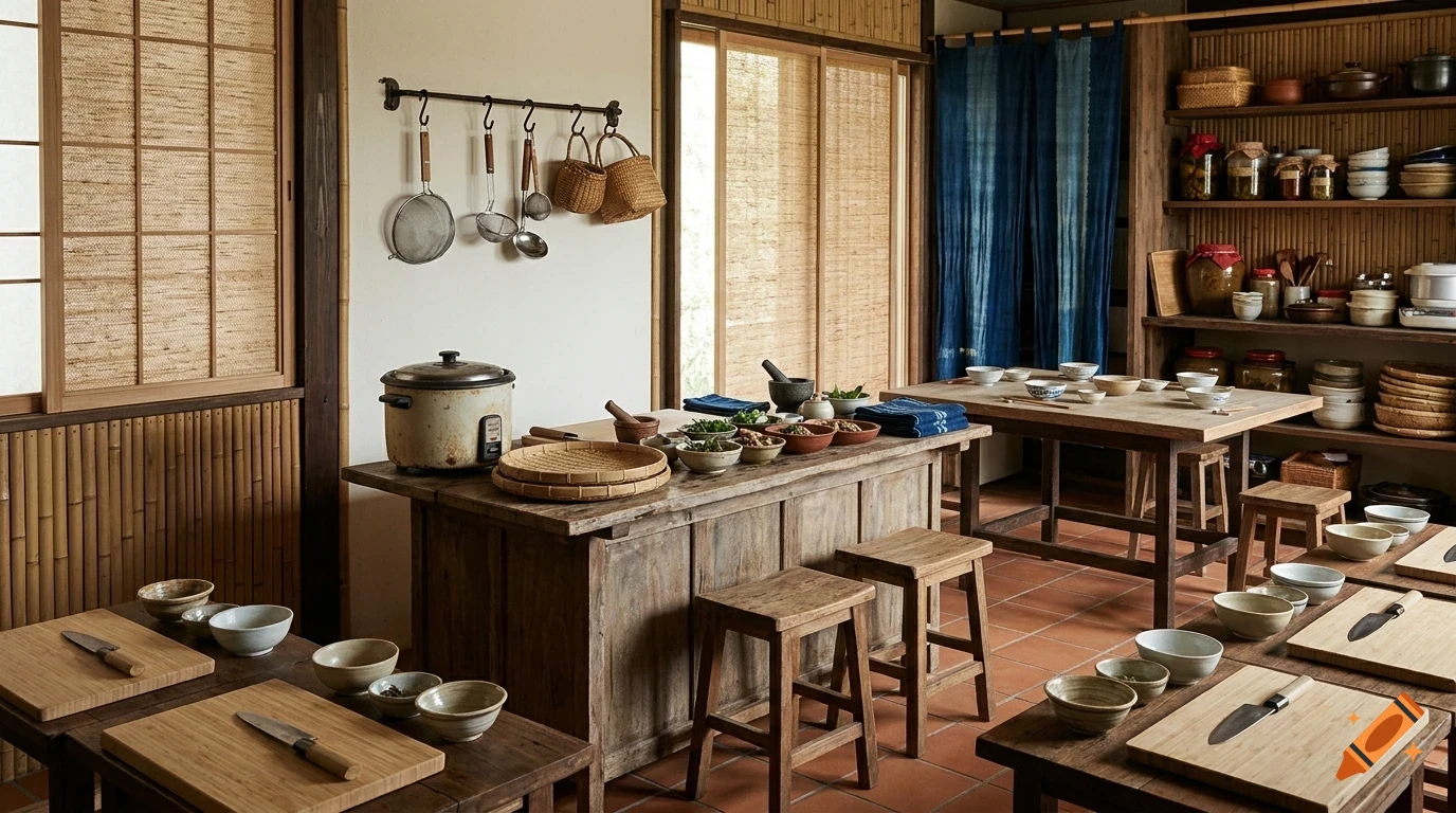 A rustic traditional kitchen featuring wooden counters, stools, shelves stocked with jars and bowls, and bamboo sliding doors.