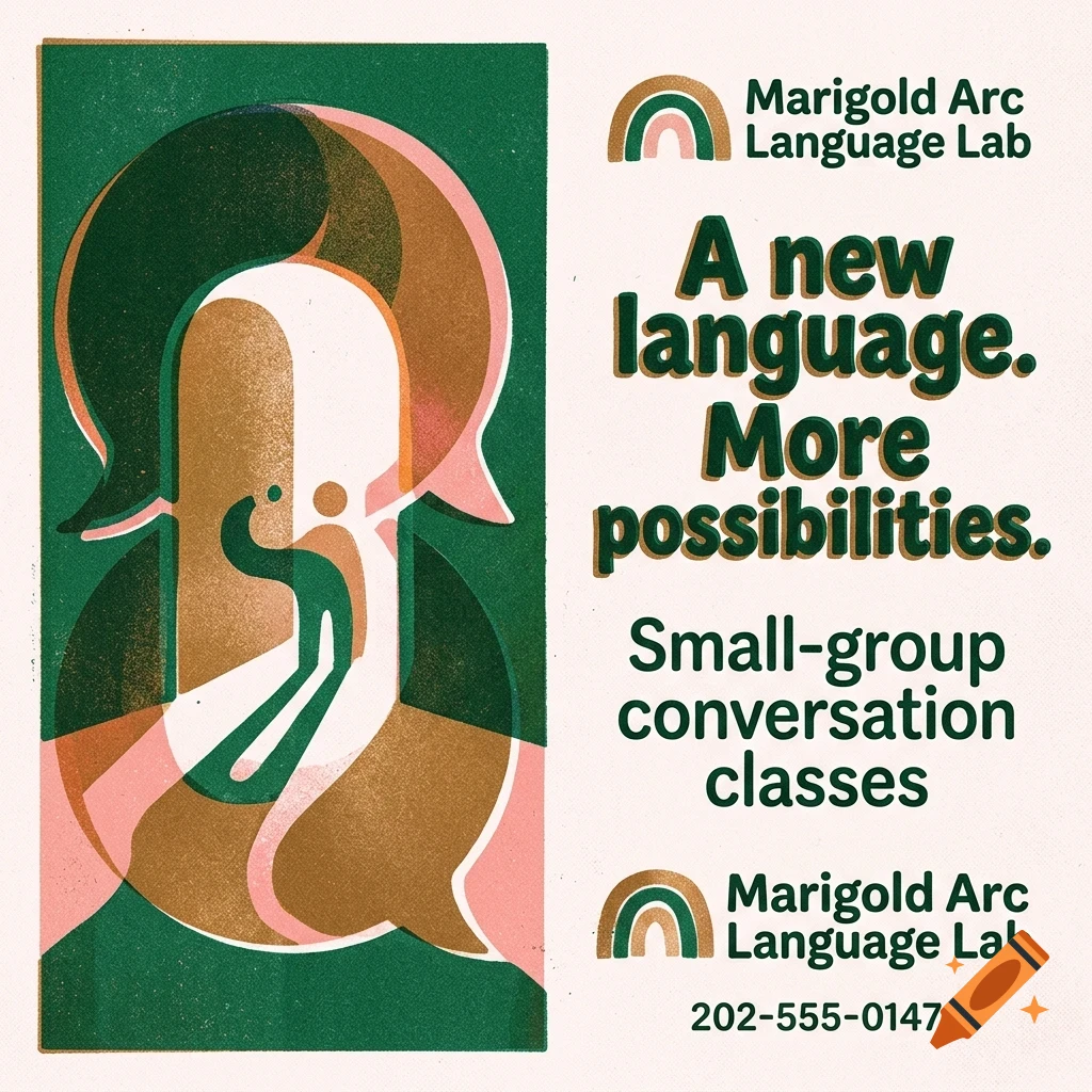 An advertisement for Marigold Arc Language Lab featuring abstract graphic shapes and text.